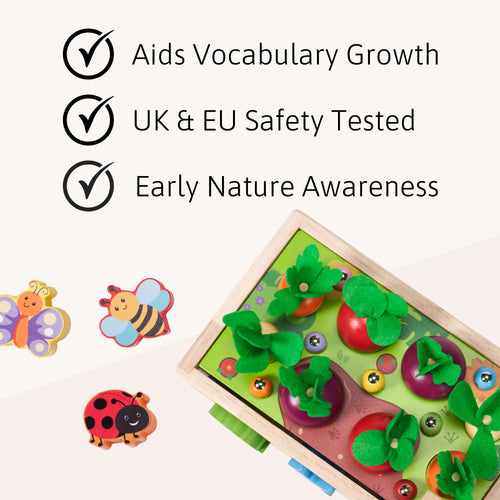 Garden shape sorter benefits showing aids vocabulary growth, UK and EU safety tested and early nature awareness with wooden toy details 
