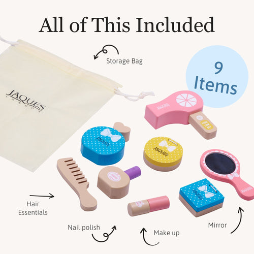 Set of children's toy hair accessories with storage bag labelled 'Jaques' on a white background.
