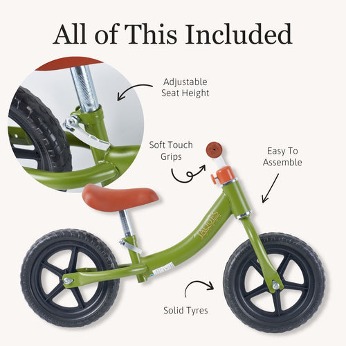 An olive green balance bike with black wheels and a brown seat, shown on a light beige background with the headline 'All of This Included' and callout labels pointing to included features like adjustable seat height, soft touch grips, easy to assemble, and solid tyres. 