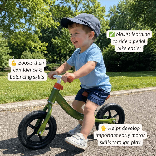 A young child riding an olive green balance bike outdoors on a paved path with trees in the background. White text callouts with icons surround the child, highlighting benefits such as boosting confidence, making learning easier, and helping develop motor skills through play. 