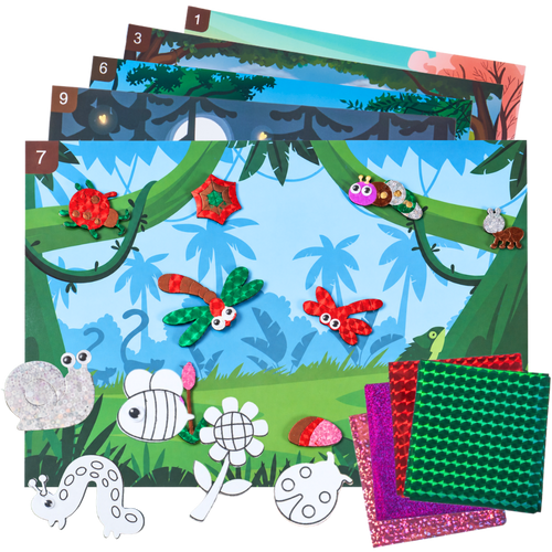 A children's craft activity set featuring a jungle-themed magnetic board game with various insect and nature pieces, shown alongside several colorful textured fabric squares and matching printed cards on a white background. [fill]