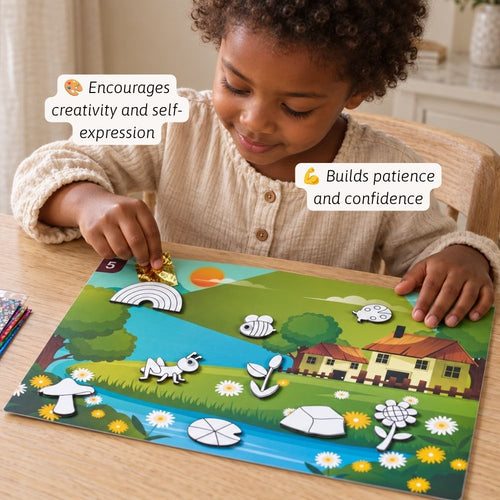 A young child sits at a wooden table playing with a colorful outdoor-themed magnetic puzzle board. The board features landscape pieces like a rainbow, flowers, a mushroom, a house, and a pond, with the child actively placing them.
