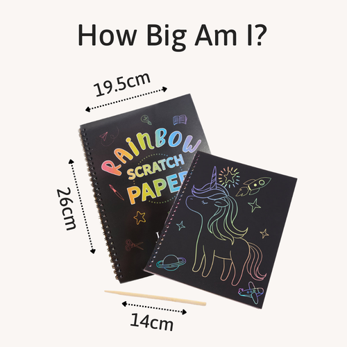 Two black scratch papers with colourful text and a unicorn design, showing measurements on a white background. 