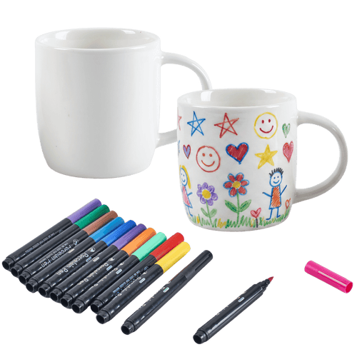 Jaques of London Paint Your Own Mug Set - blank ceramic mug, hand-painted mug with stars, hearts and flowers, and set of coloured markers, [fill]