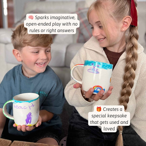 Children holding their hand-painted mugs created with a paint your own mug craft kit, encouraging imaginative play and creating a treasured keepsake. 