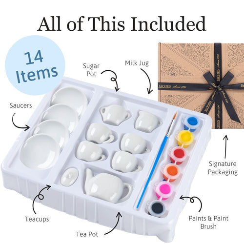 Ceramic tea set with paint and brush, labelled 'All of This Included' with 14 items. 