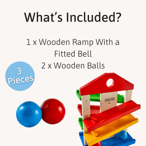 Jaques of London wooden ramp toy set including 1 wooden ramp with fitted bell and 2 wooden balls – 3 pieces in total, perfect for toddler play. 