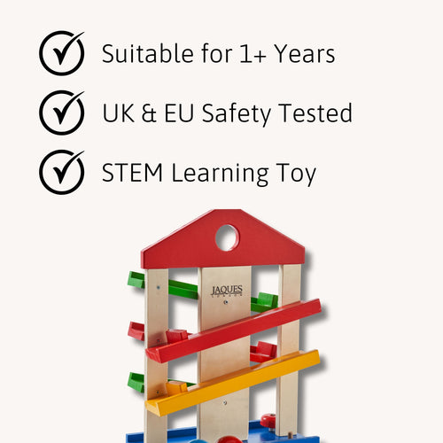 Jaques of London wooden ramp toy featuring UK and EU safety testing, STEM learning benefits, and suitability for ages 1 year and up. 