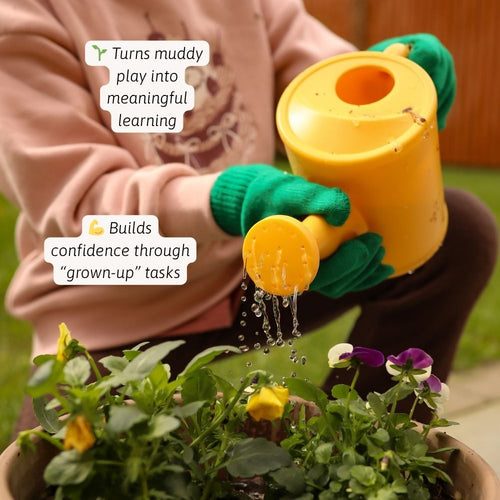 Person wearing green gardening gloves and a yellow watering can, watering plants with text overlay about learning and confidence building.