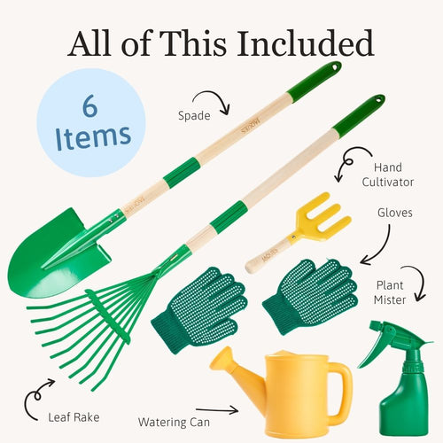 Gardening tool set with spade, hand cultivator, gloves, plant mister, leaf rake, and watering can labelled 'All of This Included'.