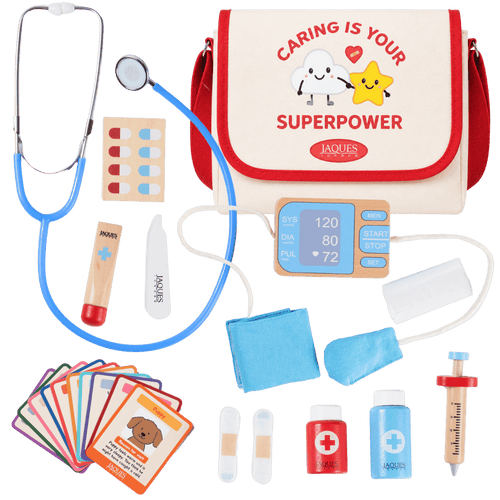 Collection of medical and educational toys including a stethoscope, blood pressure monitor, and flashcards on a green background. [fill]