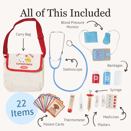Medical kit with carry bag, stethoscope, blood pressure monitor, bandages, syringe, medicines, plasters, thermometer, and patient cards on a white background.  
