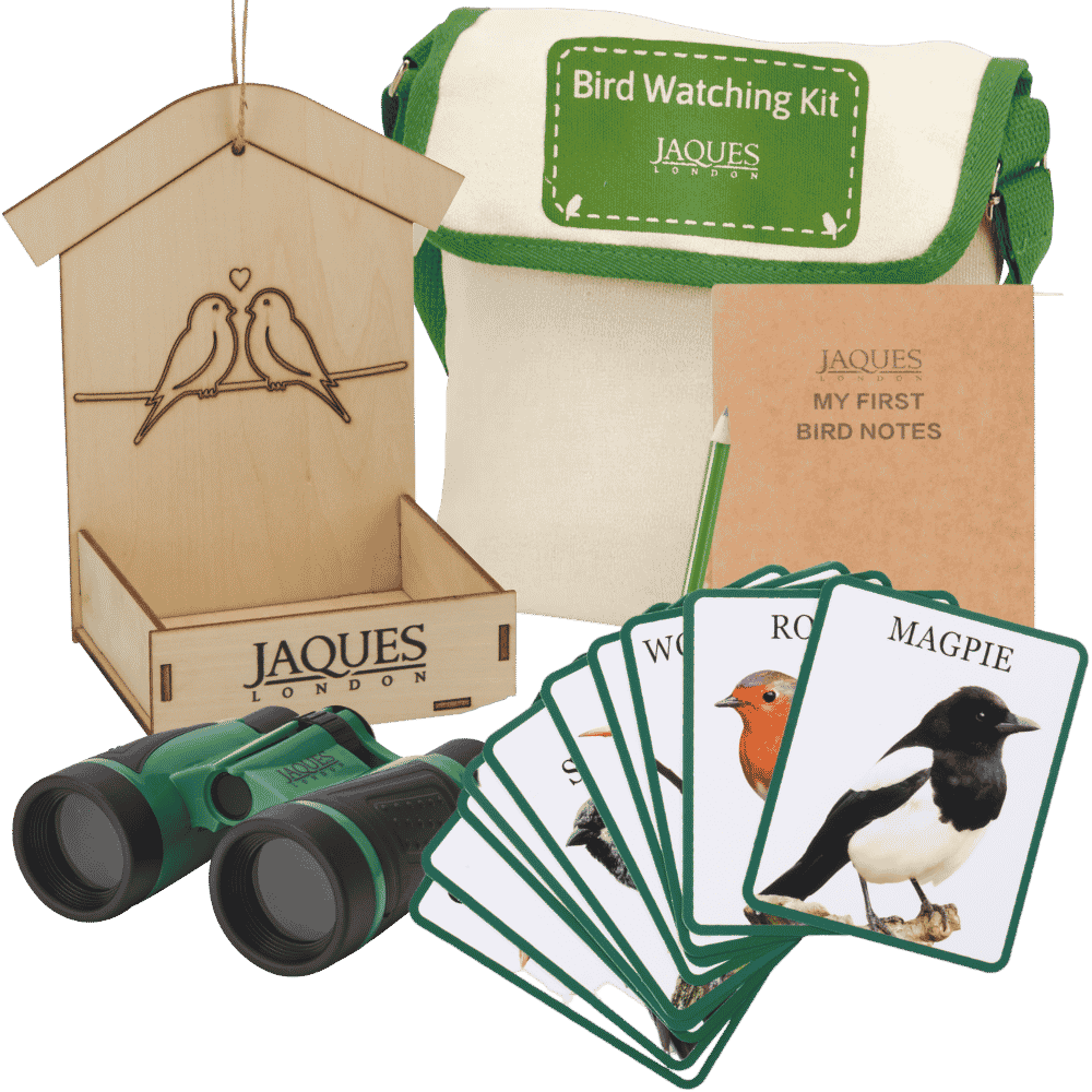 A Jauques London bird watching kit displayed on a white background, including a wooden birdhouse, canvas bag, binoculars, card reader, and bird notes notebook.