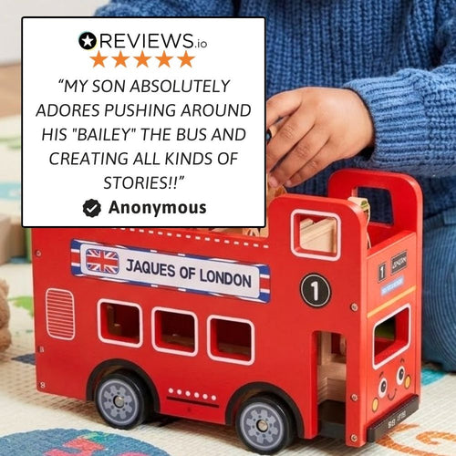 Red toy bus with a child's hand interacting with it, featuring a five-star review on top.