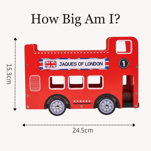 Red double-decker bus model with dimensions and 'Jaques of London' branding on a white background.