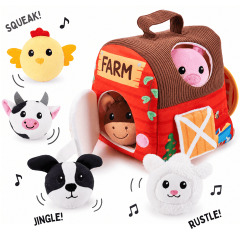 Toy barn with farm animal figures and sound effects on a white background [fill]