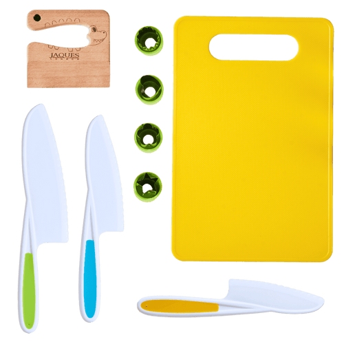 Set of knives, a yellow cutting board, and small green items on a transparent background [fill]