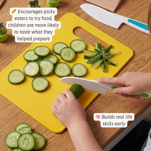 Child preparing sliced cucumbers on a yellow cutting board with text about encouraging picky eaters and building real-life skills. 