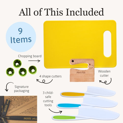 Set of kitchen tools including a yellow chopping board, shape cutters, a wooden cutter, and cutting tools with packaging on a white background. 