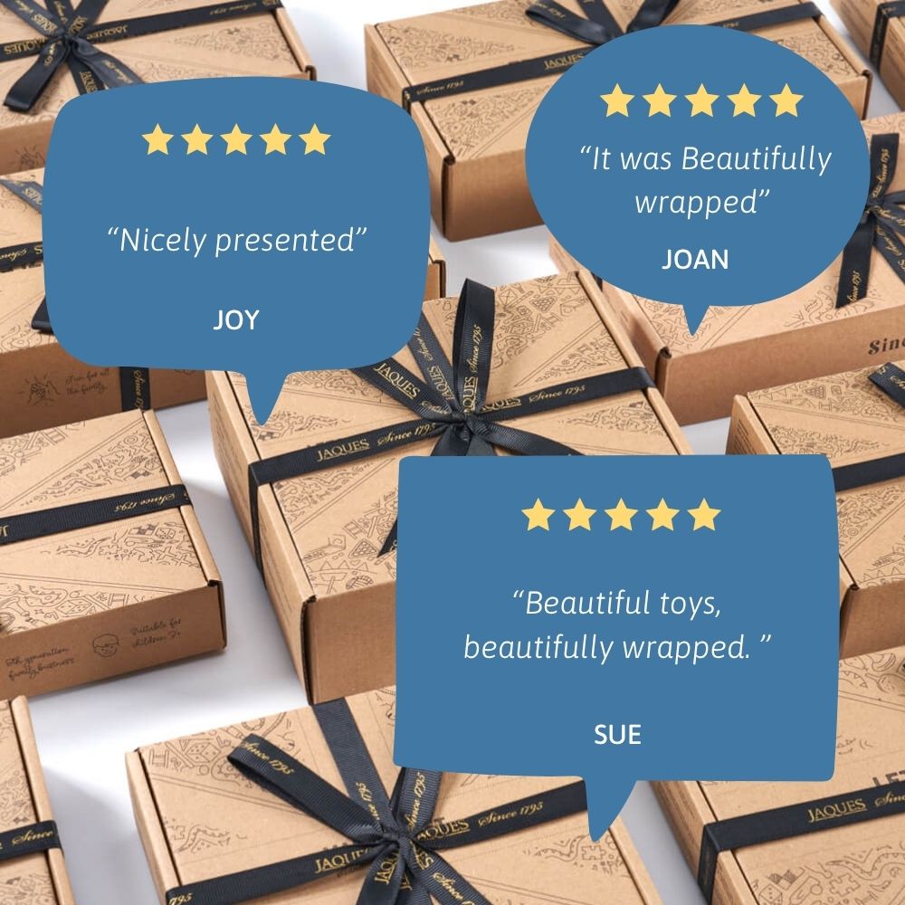 Jaques of London luxury packaging with black ribbon and customer five-star reviews – beautifully wrapped educational toy gift for children. [filll]