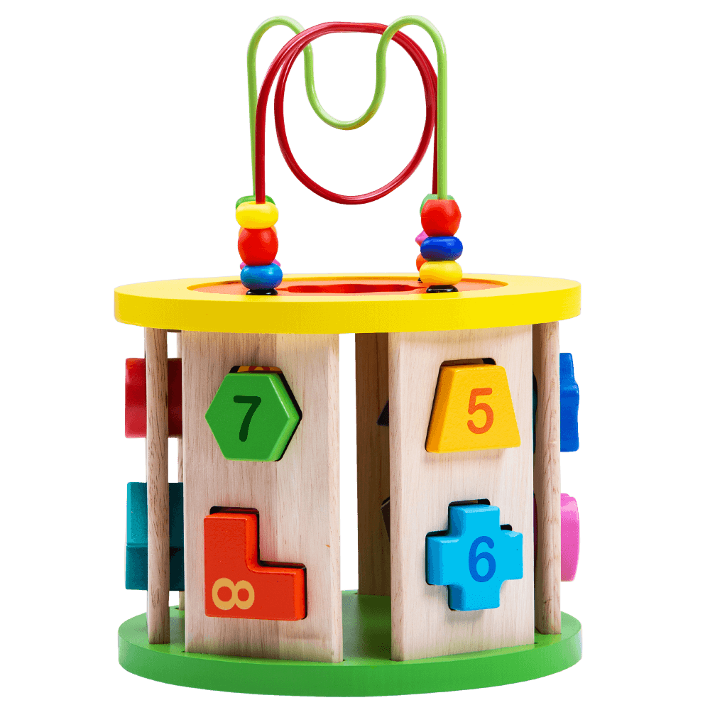 Colourful wooden activity cube shape sorter with bead maze on top