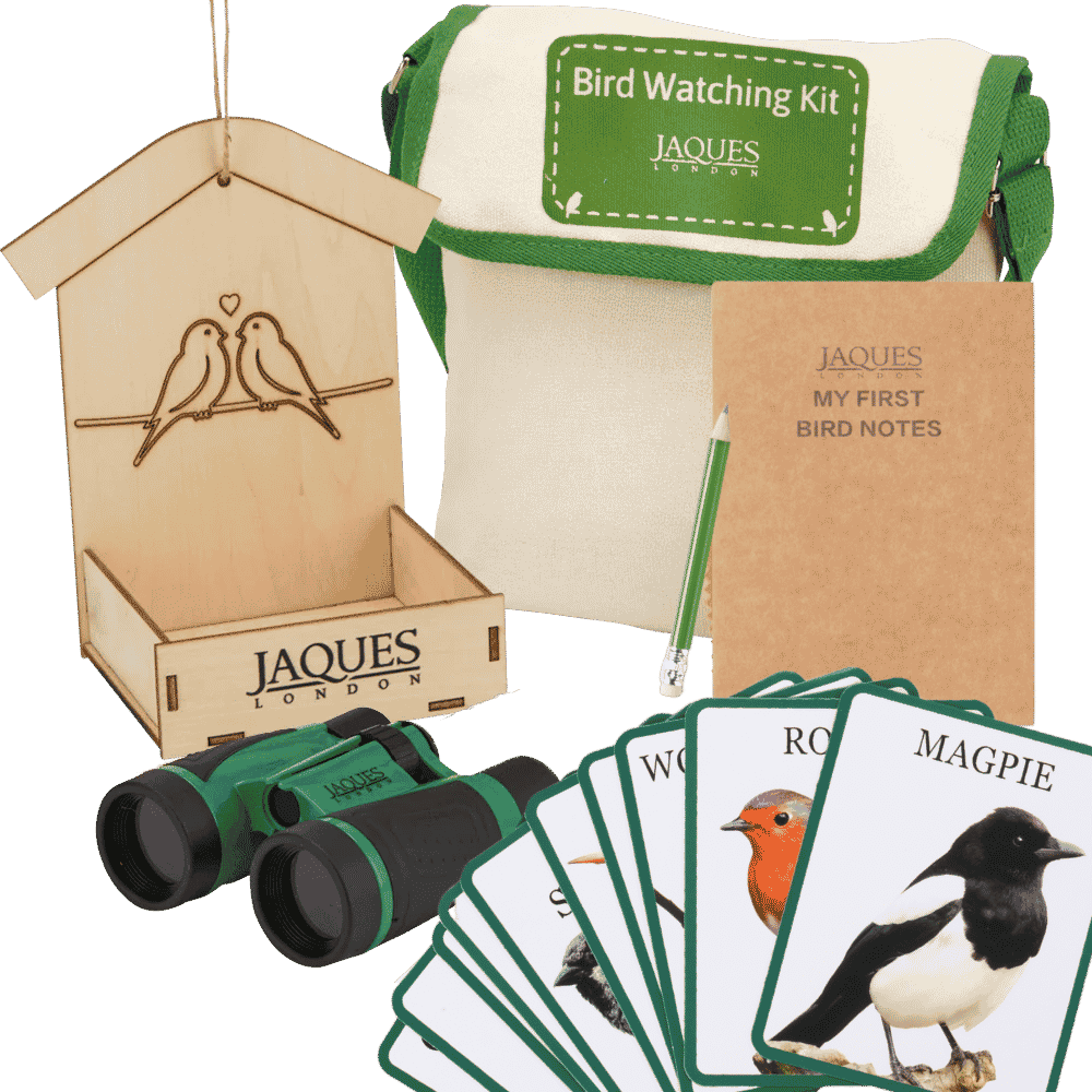 Bird watching kit with binoculars, birdhouse, notebook, and cards on a green background 