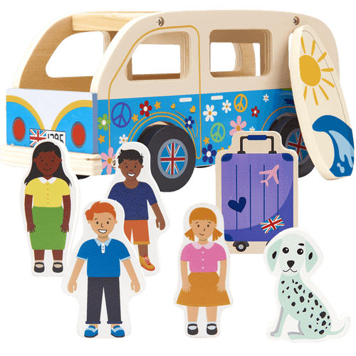 Kids wooden campervan with family and dog