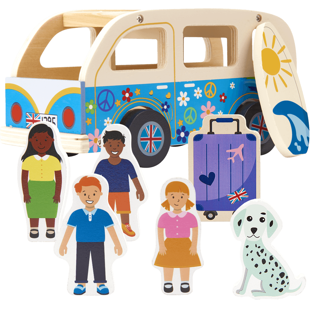 Kids wooden campervan with family and dog