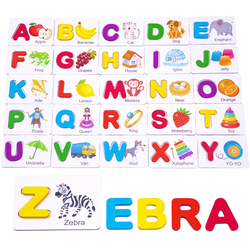 Wooden early years alphabet letters with picture flashcards