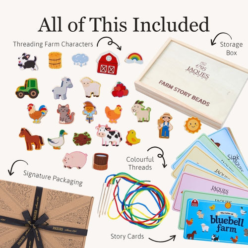 A collage showing included items for a children's farm-themed bead craft set: colorful wooden farm characters, a storage box, multicolored thread spools, story cards, and branded gift packaging, with text labels indicating what is included.