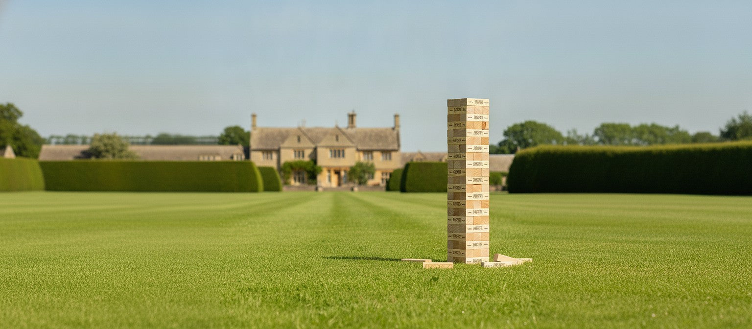Jaques of London giant tumble tower on a country-house lawn, daytime