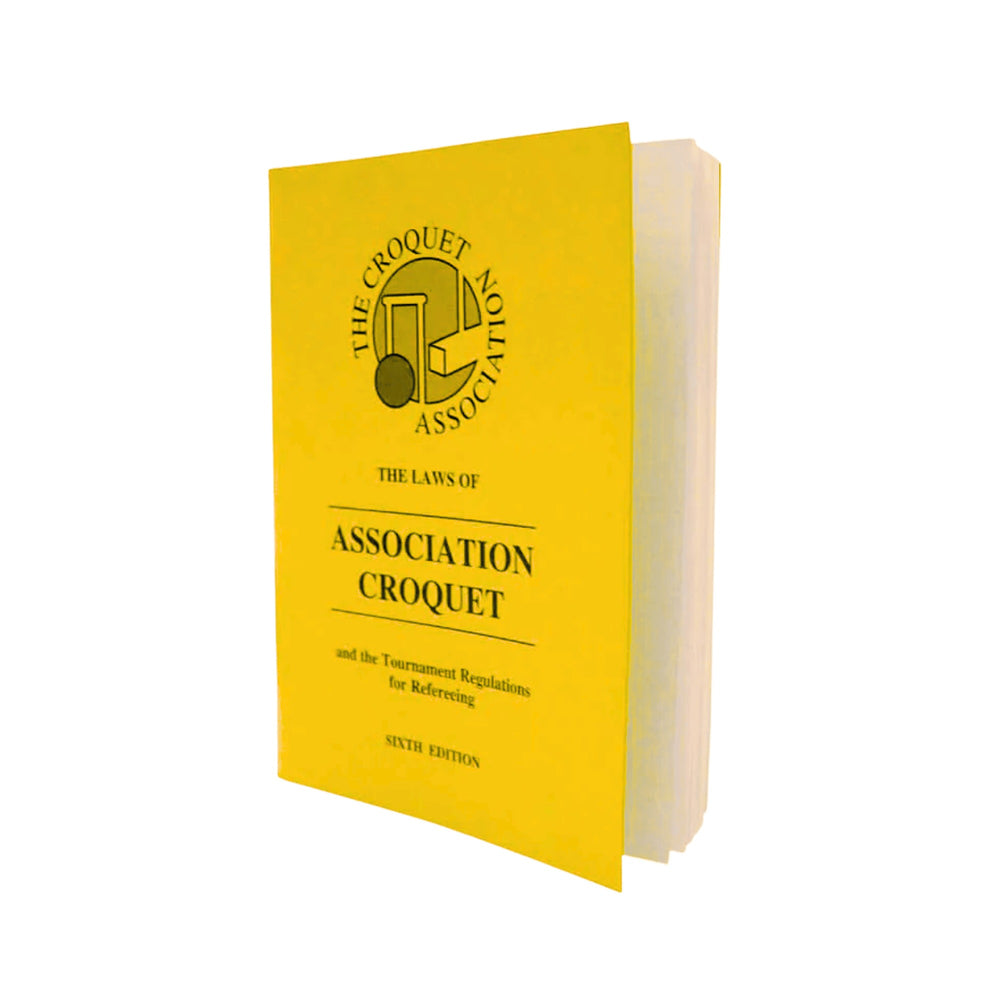 Yellow book titled 'The Laws of Association Croquet' on a white background 