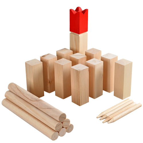 Wooden kubb game all the pieces arranged neatly