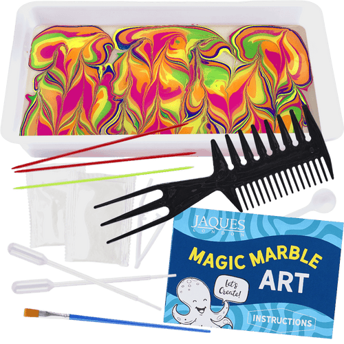Colorful marble art kit with tools and instructions on a white background