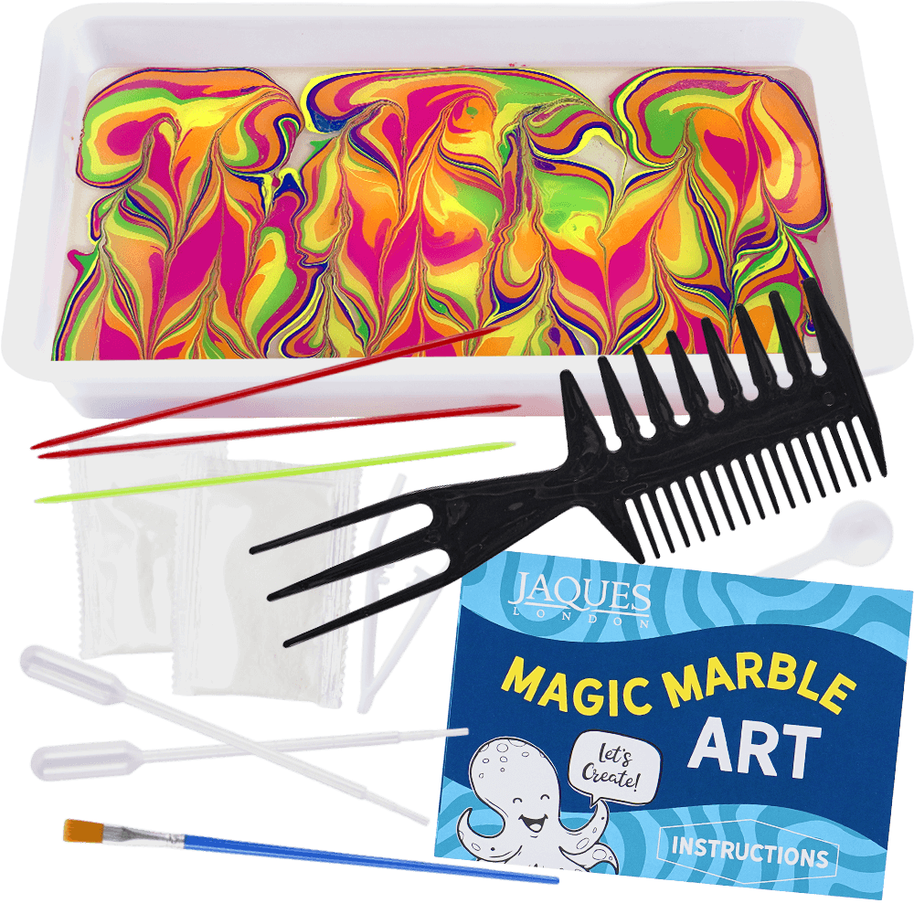 Colorful marble art kit with tools and instructions on a white background