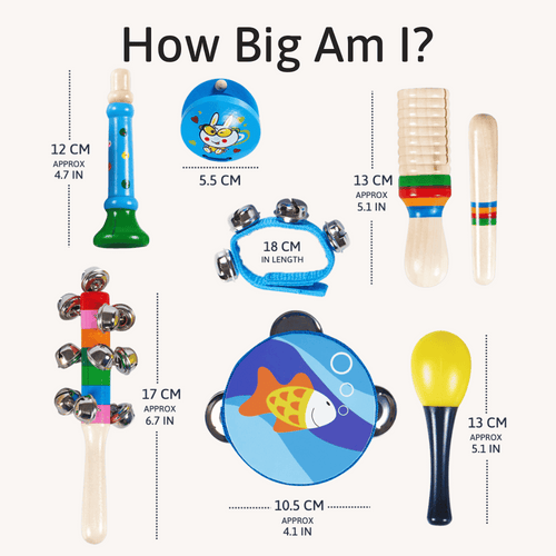 Set of colourful children's musical instruments with size measurements on a white background 