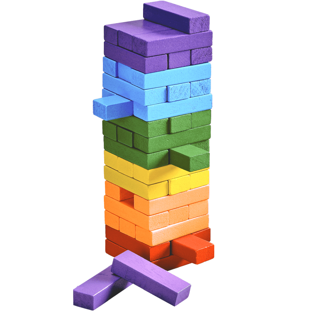 Rainbow tumble tower game for kids - a stack of bright rainbow coloured blocks