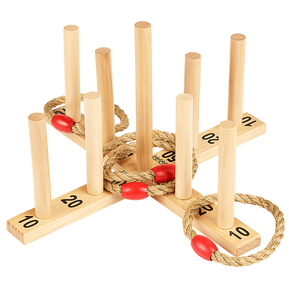 Studio image of the Nine Pin Quoits board and quoits on a neutral background