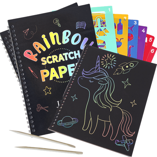 Contents of Rainbow Scratch Art Pad Bundle: Two Scratch Pads, 6 Stencils sets, 2 Wooden Stylus 