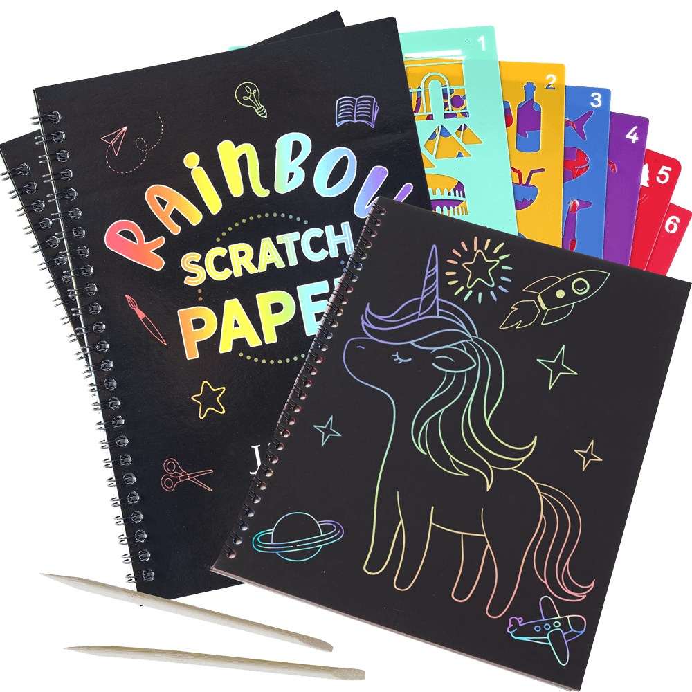 Contents of Rainbow Scratch Art Pad Bundle: Two Scratch Pads, 6 Stencils sets, 2 Wooden Stylus 