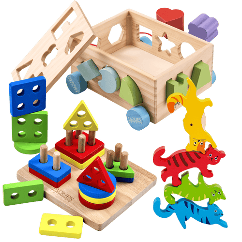 Wooden educational toy with shape sorting and stacking components on a clear background