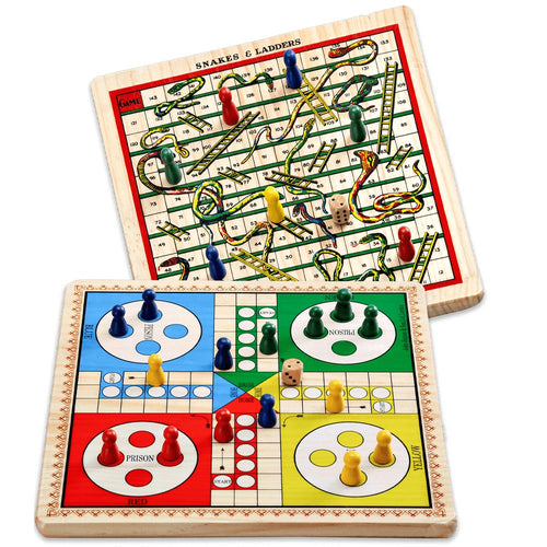 Snakes and ladders board game with ludo on reverse side