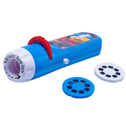 Children's space torch in blue and white, with 3 picture discs, one red, one blue and one white.
