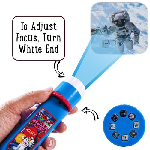  Kids space torch, showing projection on wall with instructions of how to focus