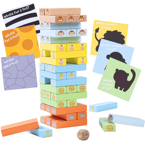 Colorful stackable blocks with question card pieces on a transparent background [fill]