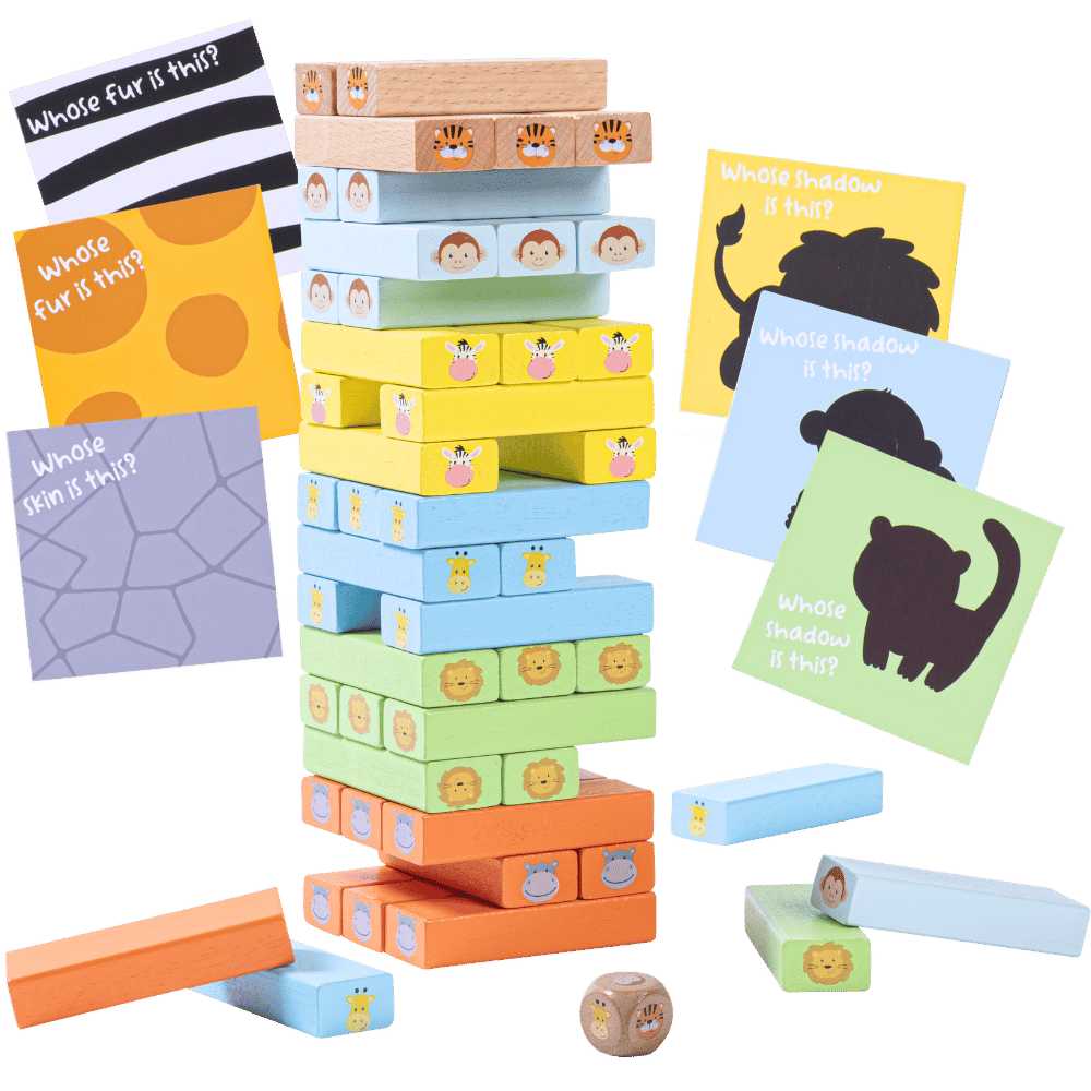 Colorful stackable blocks with question card pieces on a transparent background 