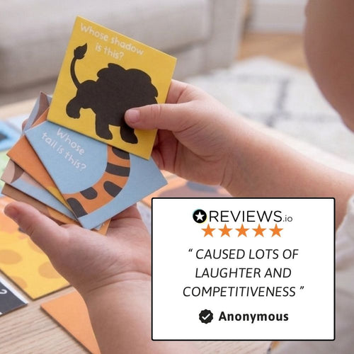 Hand holding a set of shadow matching cards with a five-star review overlay.