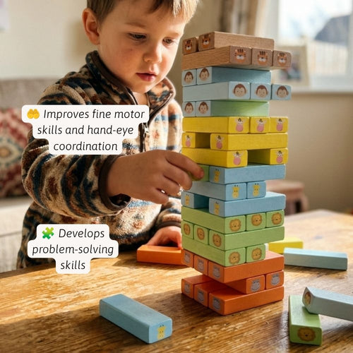 Child playing with colorful wooden blocks on a table