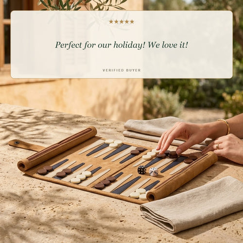 Jaques travel backgammon set on a Mediterranean terrace, five star review 