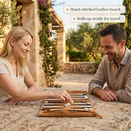 Couple playing the Jaques travel backgammon set on a villa terrace 